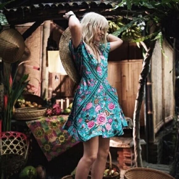 Spell & the Gypsy Turquoise Babushka Playdress Short Mini Play Dress Small b101 - Picture 3 of 10